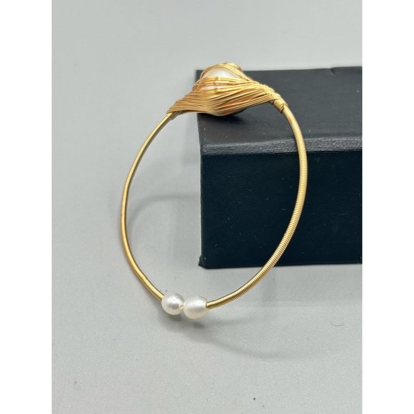 Wire Wrapped Pearls Bracelet Gold Tone Wire and Genuine Pearls Bangle Cuff - Picture 6 of 7